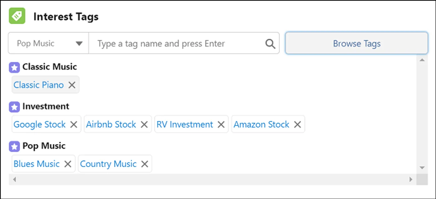 Interest Tags component showing tags grouped by category including Classic Music, Investment, and Pop Music with quick add and browse functionality