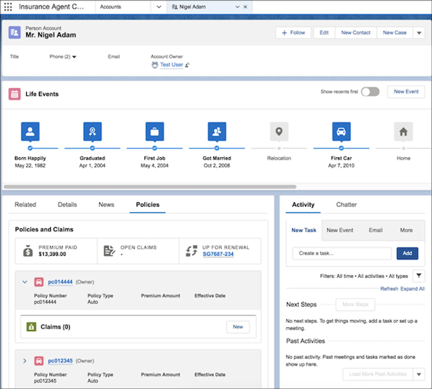 FSC Insurance Agent Console showing a policyholder's Life Events timeline and Policies view with premium totals and renewal status