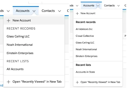 Updated Salesforce navigation menu showing five items per dropdown